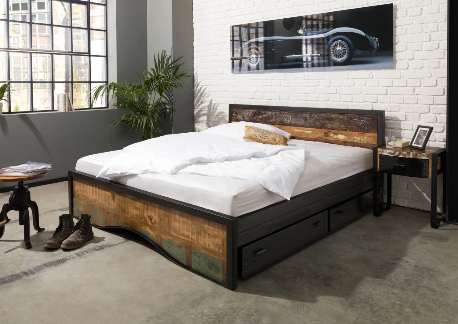 Lit Double Avec Tiroirs 200x200 Bois De Récupération Laqué Multicolore INDUSTRIAL #112 1 Lit Double Avec Tiroirs 200x200 Bois De Récupération Laqué Multicolore INDUSTRIAL #112