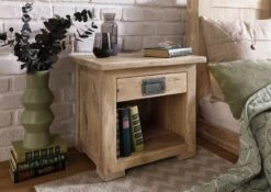 Table De Chevet En Bois De Manguier 50x40x45, Vernis Beige, RAILWAY #387