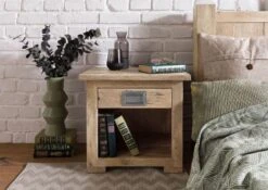 Table De Chevet En Bois De Manguier 50x40x45, Vernis Beige, RAILWAY #387 -Massivmoebel24 09 680 772 2087 03