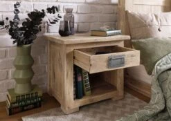 Table De Chevet En Bois De Manguier 50x40x45, Vernis Beige, RAILWAY #387 -Massivmoebel24 09 680 772 2087 04