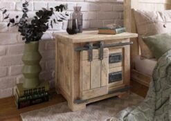 Table De Chevet En Bois De Manguier 50x40x45, Vernis Beige, RAILWAY #3012