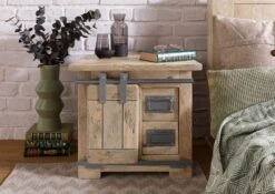 Table De Chevet En Bois De Manguier 50x40x45, Vernis Beige, RAILWAY #3012 -Massivmoebel24 09 680 772 2112 03