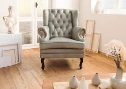 Fauteuil à Oreille En Cuir Véritable Gris CHESTERFIELD #201