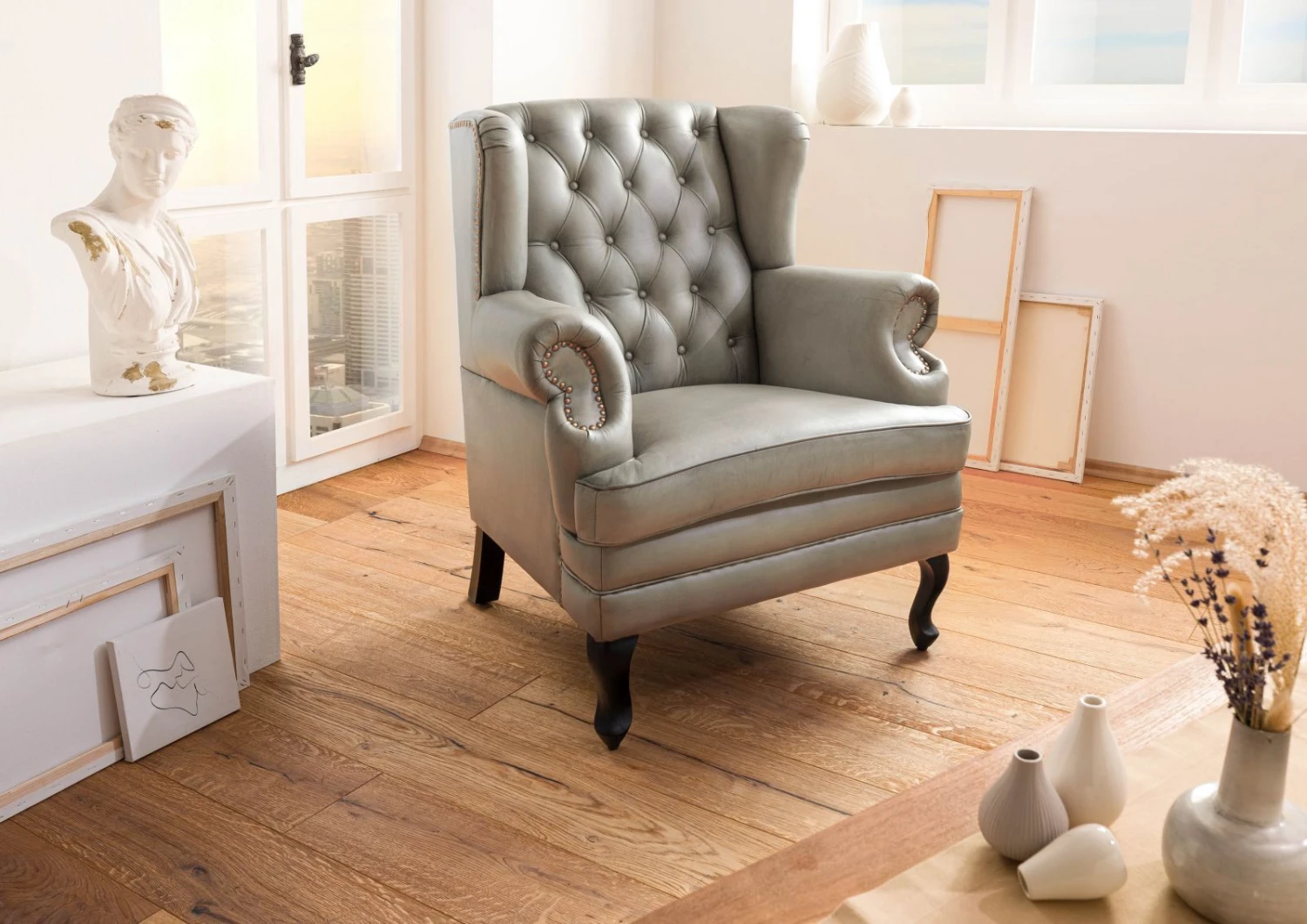 Fauteuil à Oreille En Cuir Véritable Gris CHESTERFIELD #201 2 Fauteuil à Oreille En Cuir Véritable Gris CHESTERFIELD #201 – Image 2