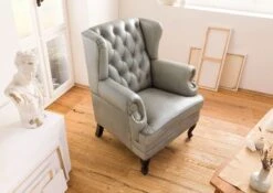 Fauteuil à Oreille En Cuir Véritable Gris CHESTERFIELD #201 11 Fauteuil à Oreille En Cuir Véritable Gris CHESTERFIELD #201 -Massivmoebel24 09 920 890 2001 3