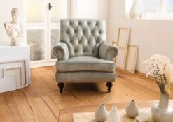 Fauteuil En Cuir Véritable Gris CHESTERFIELD #205