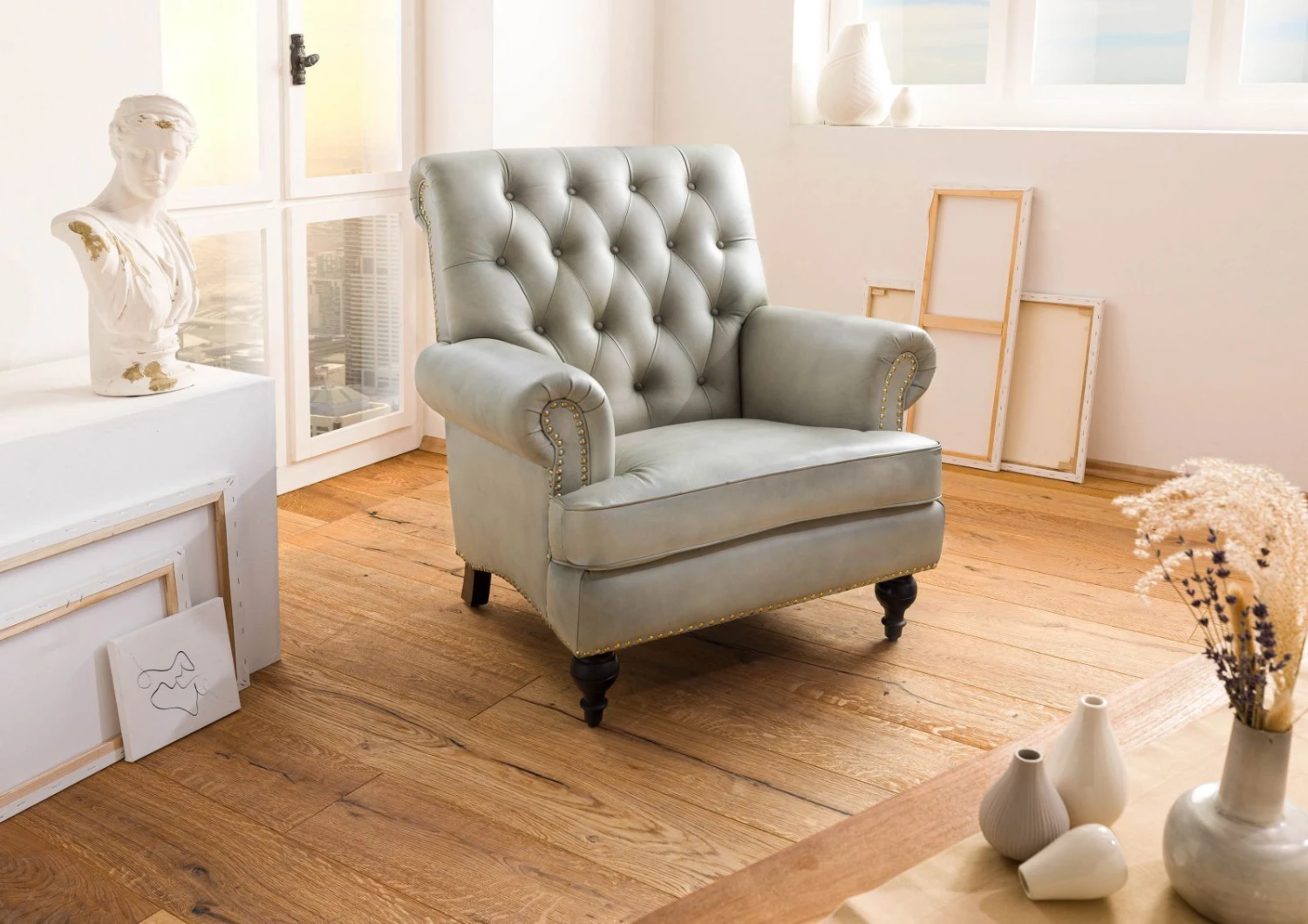 Fauteuil En Cuir Véritable Gris CHESTERFIELD #205 2 Fauteuil En Cuir Véritable Gris CHESTERFIELD #205 – Image 2