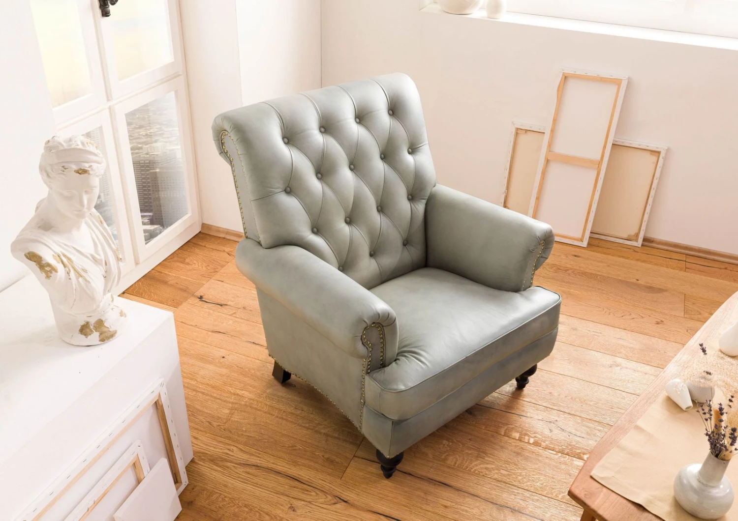 Fauteuil En Cuir Véritable Gris CHESTERFIELD #205 3 Fauteuil En Cuir Véritable Gris CHESTERFIELD #205 – Image 3