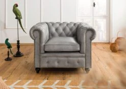 Fauteuil En Cuir Véritable Gris CHESTERFIELD #202