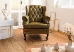 Fauteuil à Oreille En Cuir Véritable Vert CHESTERFIELD #301
