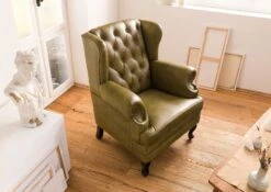 Fauteuil à Oreille En Cuir Véritable Vert CHESTERFIELD #301 -Massivmoebel24 09 920 890 3001 3